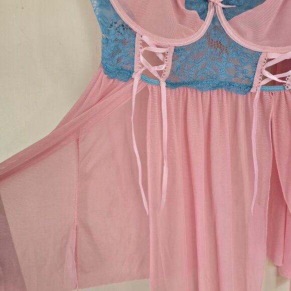 Women's Plus 4x Pink and Blue Babydoll Lingerie Slip - Picture 3 of 6